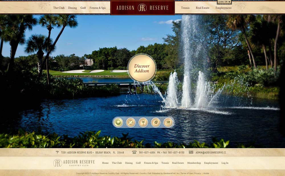 A screenshot of the homepage tour. A large button in the middle invites the user to Discover Addison, and is overlaid on top of a picture of the golf course on a sunny day, focusing on a large fountain.