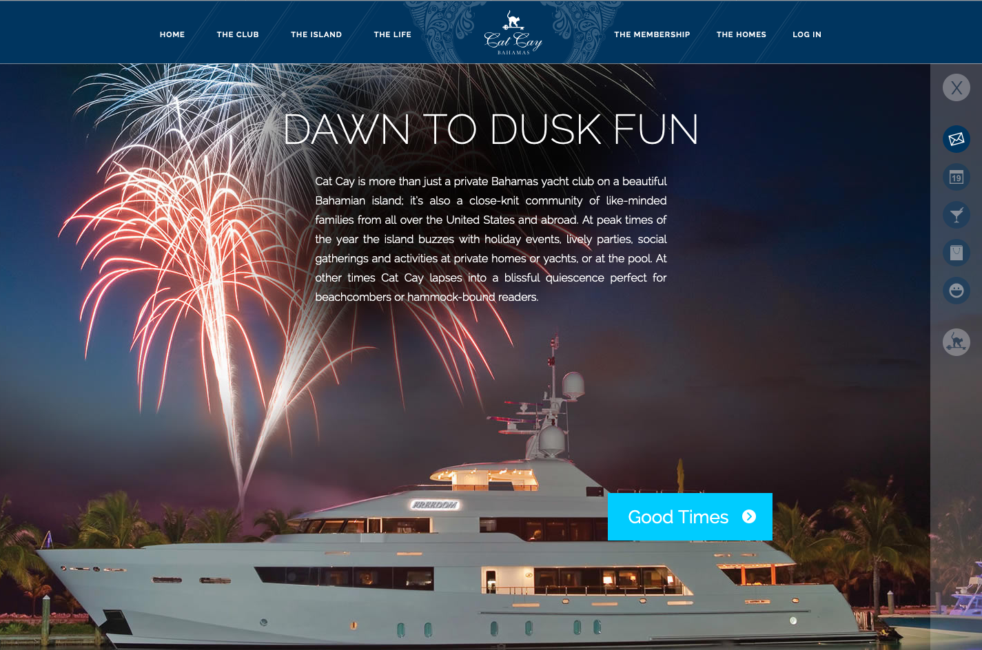 A picture of a yacht on the island with fireworks in the background serves as the backdrop of a tour focused on fun.