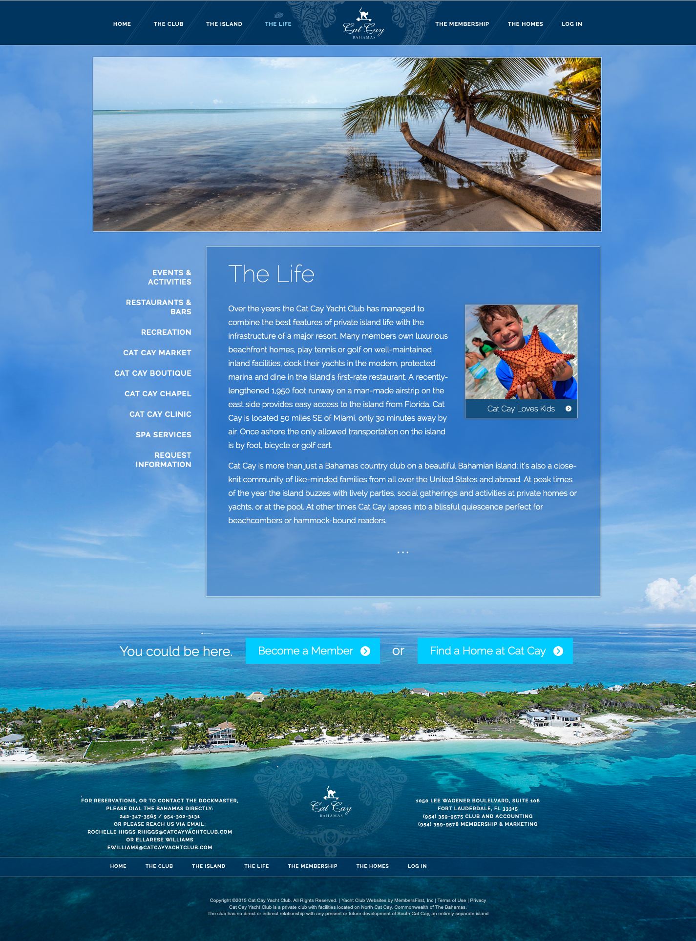 An interior page for Cat Cay Yacht Club. The background is mostly sky, revealing the island as the user scrolls down.