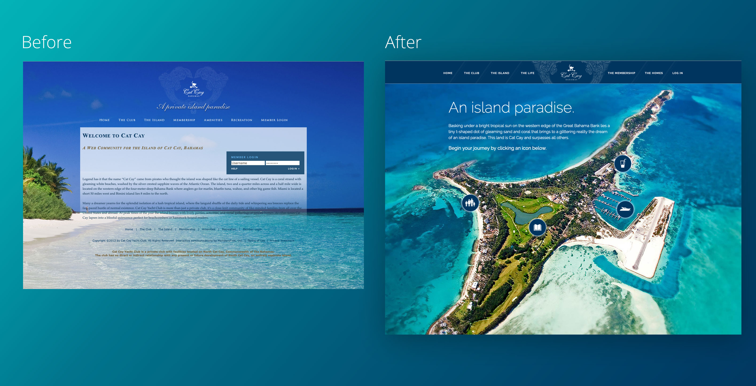 Before and after: Cat Cay Yacht Club homepage.