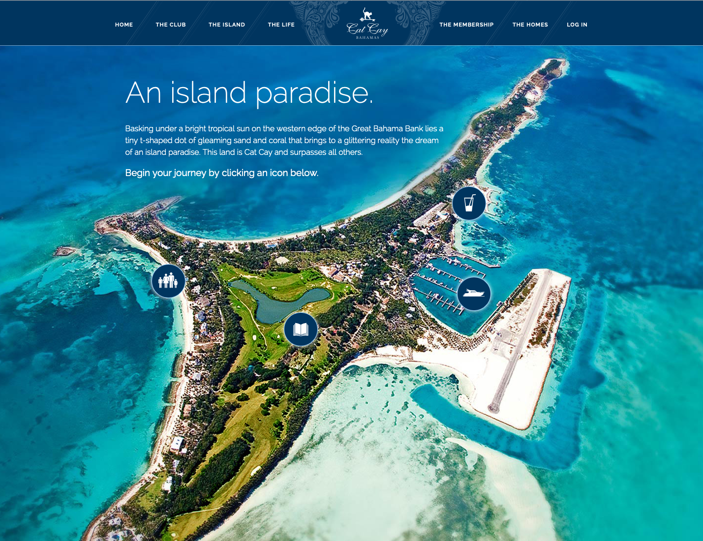 A close up of the Cat Cay home page, with four unique interactive tour hotspots.
