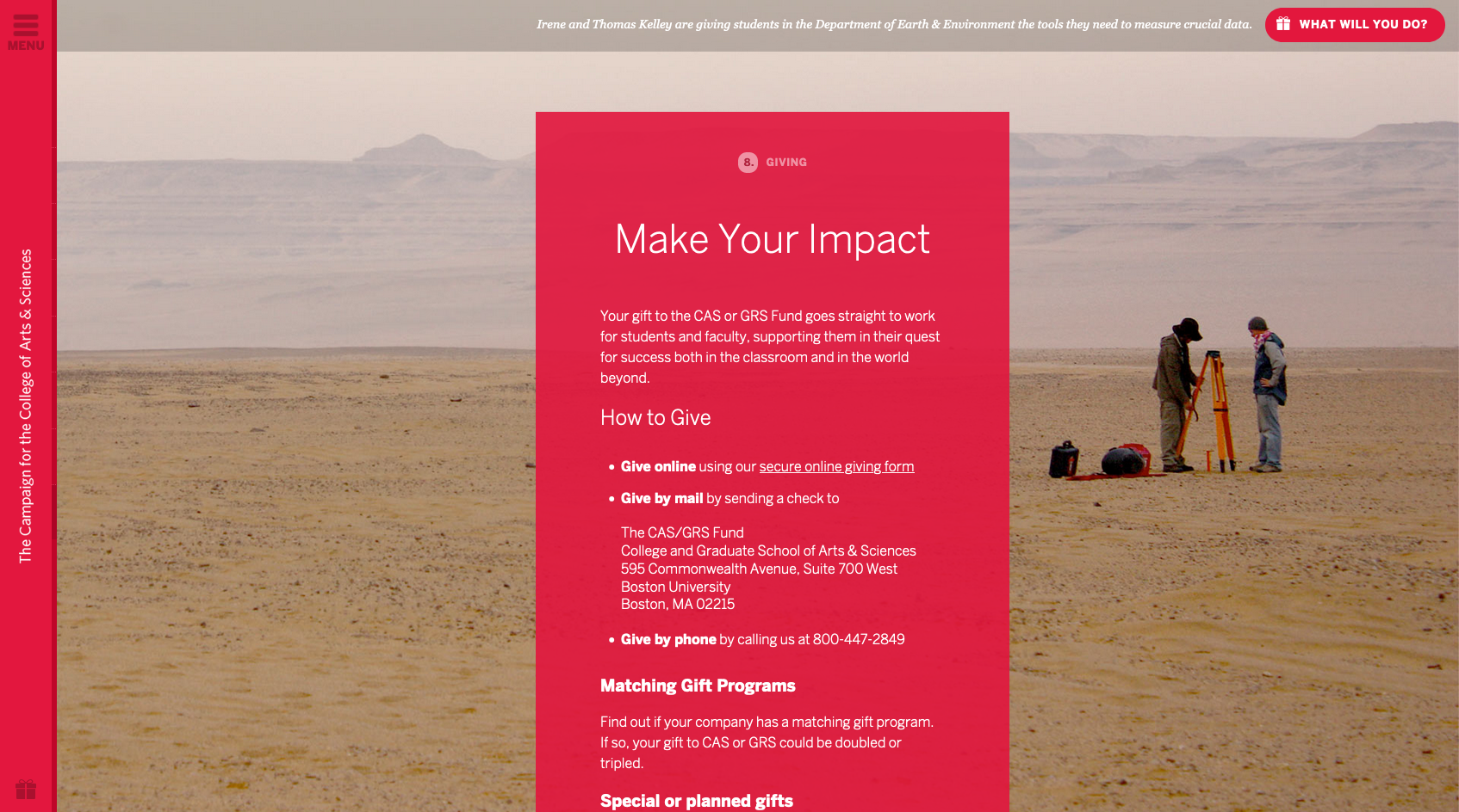 The give page. A large, red callout with information on giving draws the viewers&rsquo; eye. A photo of climate change research in an open field with mountains in the distance is in the background.